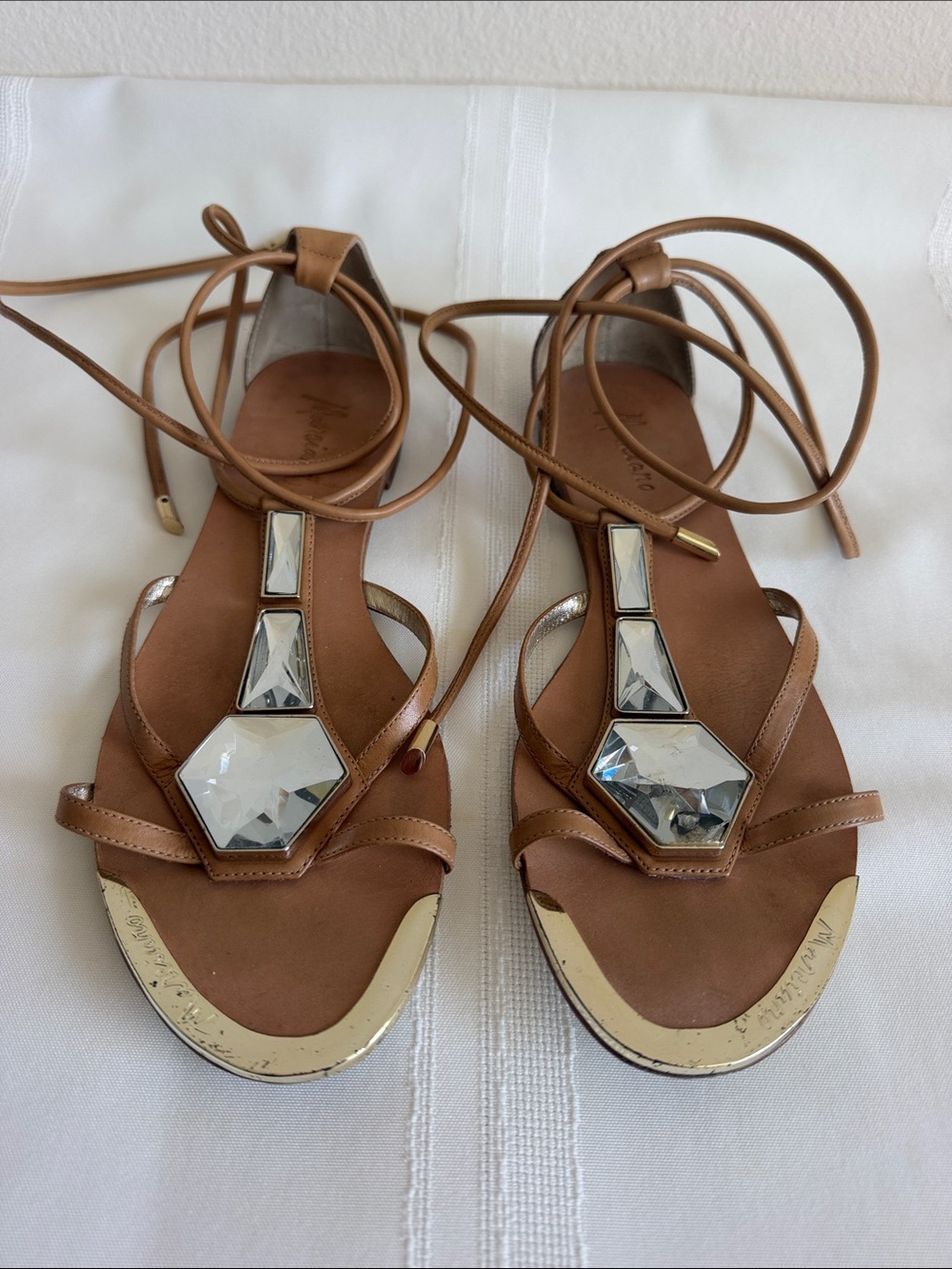 Marciano Brown Leather Gem-Embellished Lace-Up Sandals